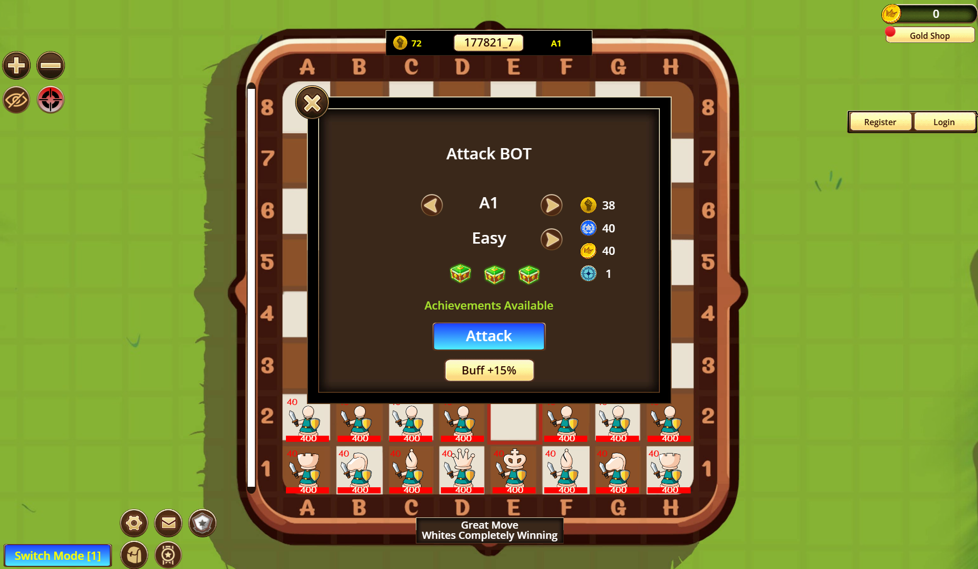 Apochess gameplay screenshot showing the Attack Bot screen